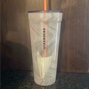 New Starbucks 2017 Glass Coral Pink Marble Swirl Tumbler with Orange Straw—Venti